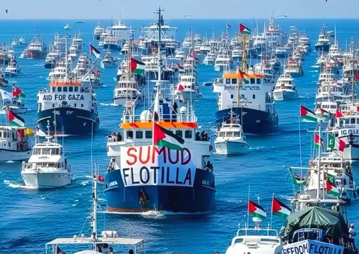 dozens of ships in a convoy of the international Sumud flotilla heading for Gaza