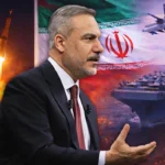 el ministro de exteriores turco Hakan Fidan, de fondo imágenes de portaaviones y cazas de EE.UU. y de lanzamiento de misiles junto a la bandera de Irán
