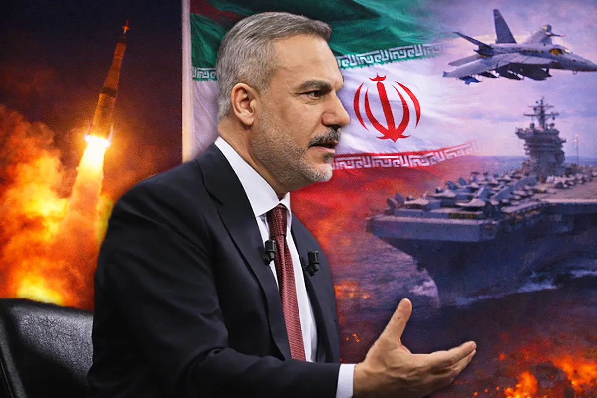 el ministro de exteriores turco Hakan Fidan, de fondo imágenes de portaaviones y cazas de EE.UU. y de lanzamiento de misiles junto a la bandera de Irán