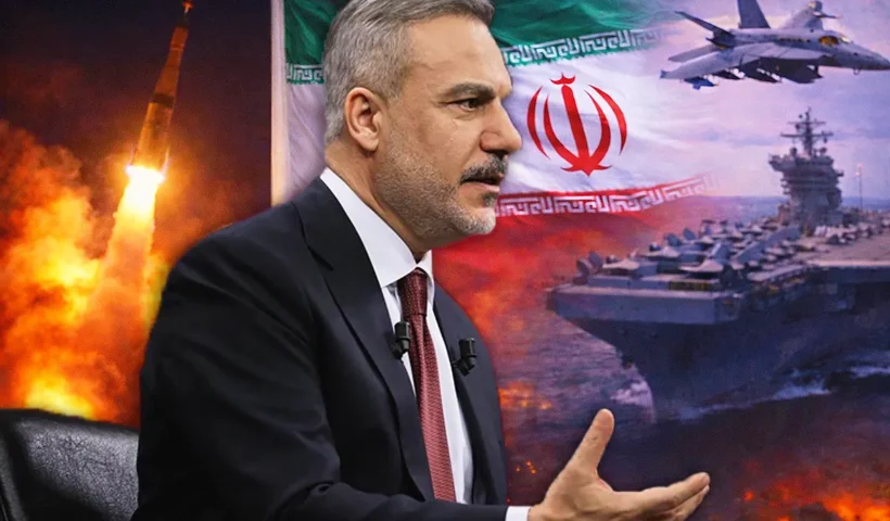 Turkish Foreign Minister Hakan Fidan, in the background images of US aircraft carriers and fighter jets and missile launches next to the Iranian flag.