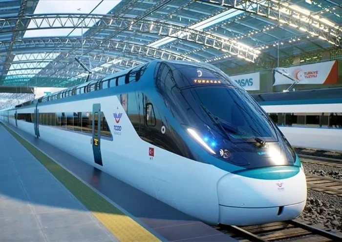 a high-speed train at a station in Turkey
