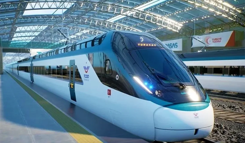 a high-speed train at a station in Turkey