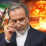 el ministro de Exteriores de Irán, Abbas Araghchi, de fondo imágenes de misiles atómicos lanzados junto a una bandera iraní y una explosión nuclear