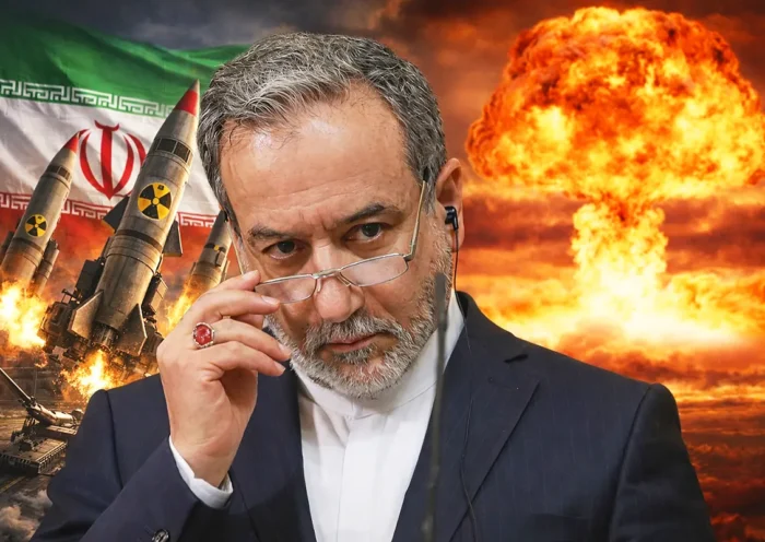 el ministro de Exteriores de Irán, Abbas Araghchi, de fondo imágenes de misiles atómicos lanzados junto a una bandera iraní y una explosión nuclear