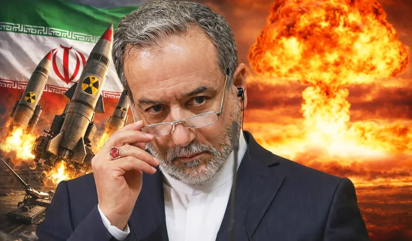 el ministro de Exteriores de Irán, Abbas Araghchi, de fondo imágenes de misiles atómicos lanzados junto a una bandera iraní y una explosión nuclear