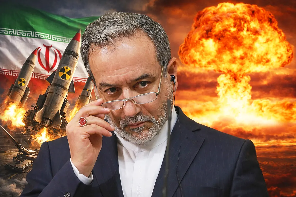 Iran's Foreign Minister Abbas Araghchi, with images of atomic missiles launched alongside an Iranian flag and a nuclear explosion in the background.