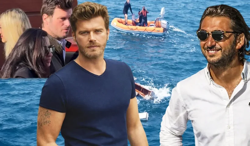 el actor turco Kıvanç Tatlıtuğ junto a una imagen del empresario turco Halit Yukay, con imágenes de fondo mostrando el operativo de búsqueda para localizarlo tras su desaparición