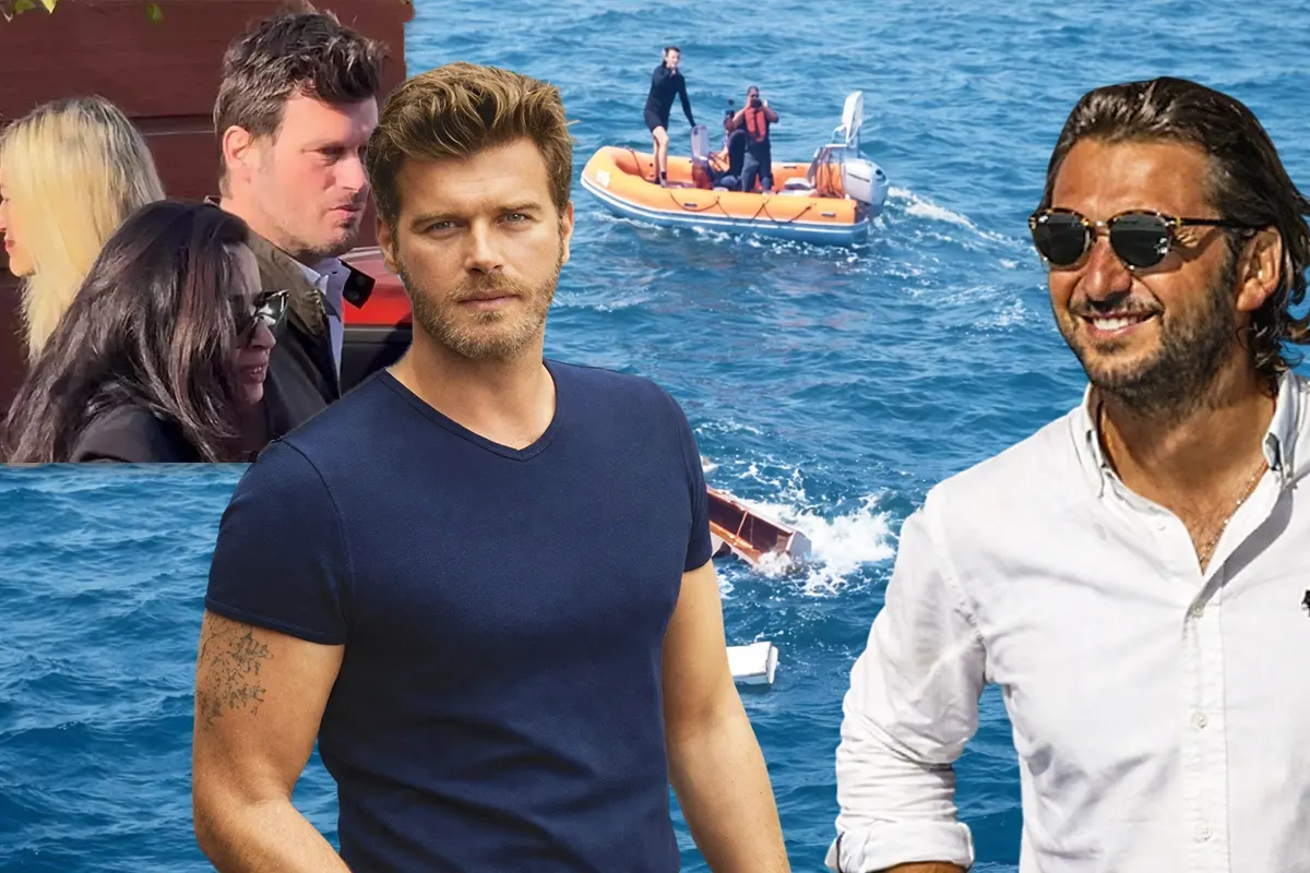 el actor turco Kıvanç Tatlıtuğ junto a una imagen del empresario turco Halit Yukay, con imágenes de fondo mostrando el operativo de búsqueda para localizarlo tras su desaparición