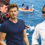 Turkish actor Kıvanç Tatlıtuğ next to an image of Turkish businessman Halit Yukay, with images in the background showing the search operation to locate him after his disappearance.