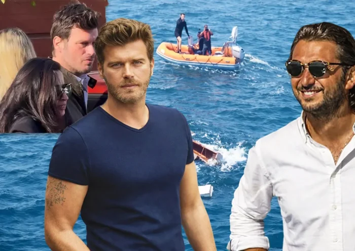 Turkish actor Kıvanç Tatlıtuğ next to an image of Turkish businessman Halit Yukay, with images in the background showing the search operation to locate him after his disappearance.