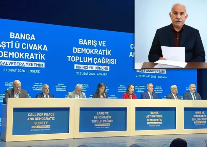 Representatives of the pro-Kurdish DEM party read a message from Öcalan on stage during an event in Ankara.
