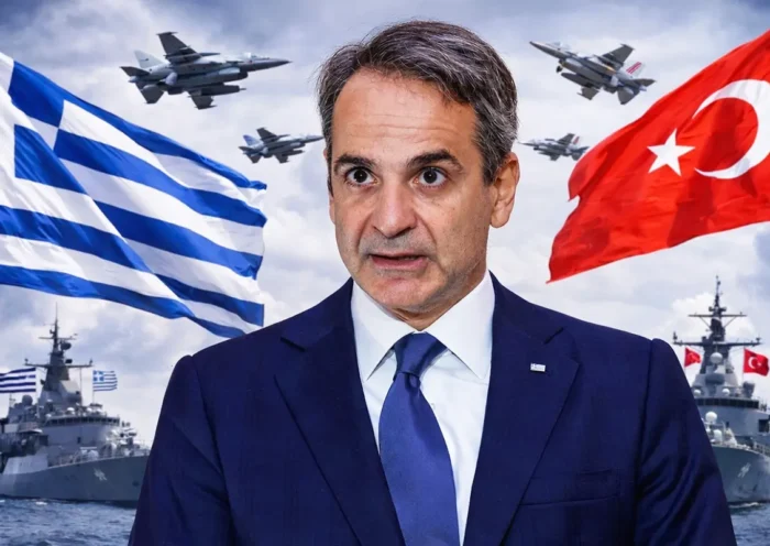 el primer ministro griego Mitsotakis, de fondo las banderas de Grecia y Turquía con ejércitos de ambos países enfrentados