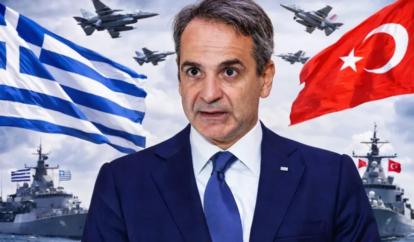 Greek Prime Minister Mitsotakis, in the background the flags of Greece and Turkey with armies of the two countries facing each other.