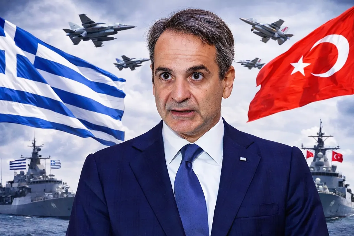 Greek Prime Minister Mitsotakis, in the background the flags of Greece and Turkey with armies of the two countries facing each other.