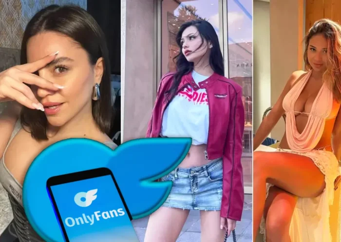 three different women pose provocatively and scantily clad next to a logo of the social network OnlyFans