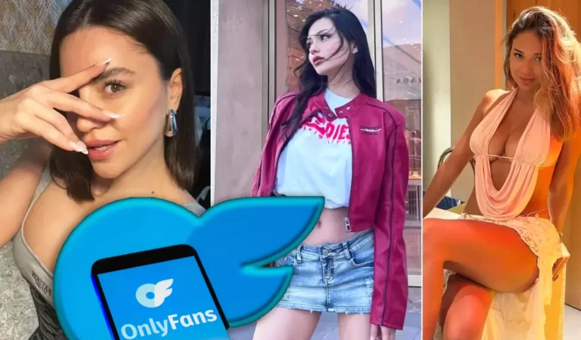 three different women pose provocatively and scantily clad next to a logo of the social network OnlyFans