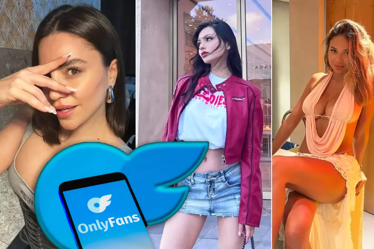 three different women pose provocatively and scantily clad next to a logo of the social network OnlyFans