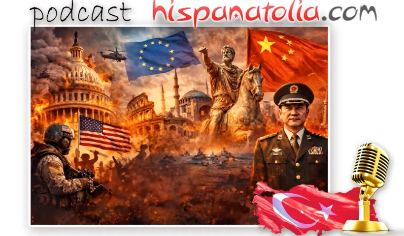 ¿Se acerca el fin del imperio de EE.UU.? Imágenes del Capitolio, Santa Sofía y el Coliseo Romano, junto a una imagen de un militar de Estados Unidos y China, banderas de EE.UU., China y la UE, y una estatua del emperador romano Marco Aurelio