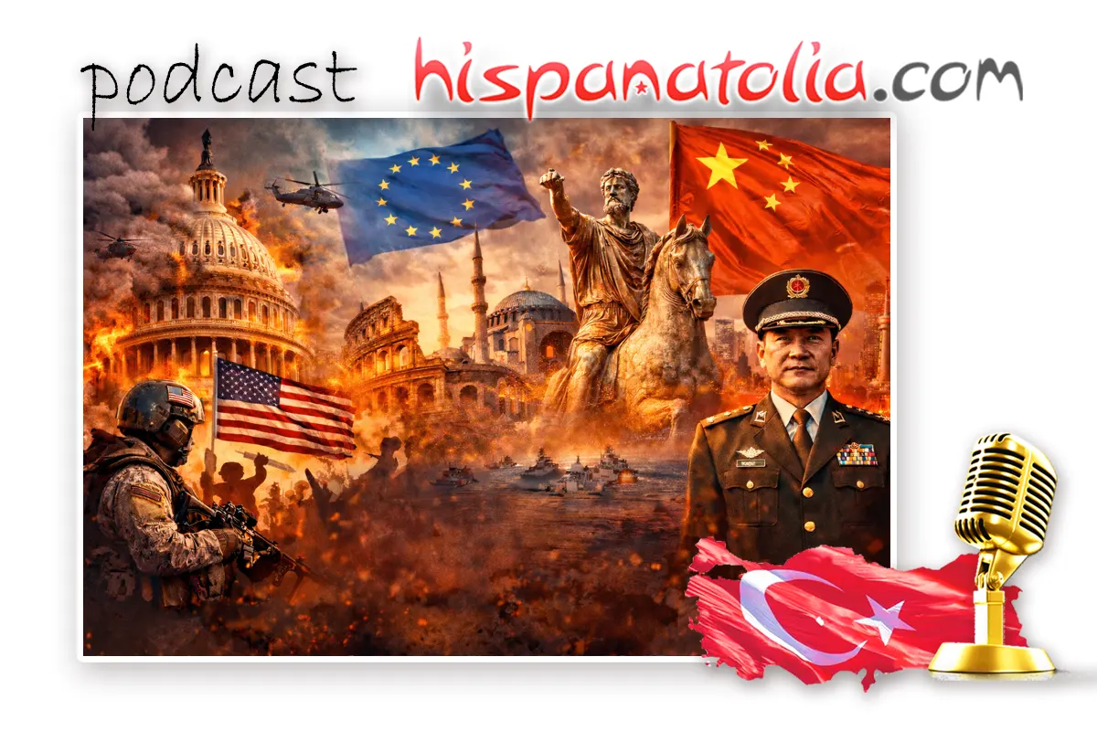 ¿Se acerca el fin del imperio de EE.UU.? Imágenes del Capitolio, Santa Sofía y el Coliseo Romano, junto a una imagen de un militar de Estados Unidos y China, banderas de EE.UU., China y la UE, y una estatua del emperador romano Marco Aurelio