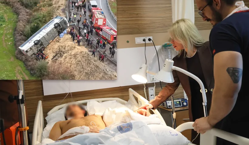 Turkish doctors visit a patient in a hospital who underwent surgery to replace his arm after losing it in a bus accident, shown in another picture next to him.