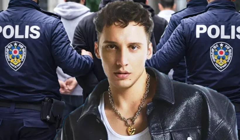 close-up image of the famous Turkish singer Edis, against a background of Turkish policemen taking away several people in custody