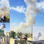 several images showing US and Israeli bombings and air strikes on various Iranian cities