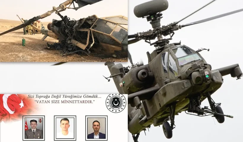 imágenes de un helicóptero militar volando y de otro estrellado junto a una imagen con los rostros de tres ciudadanos turcos fallecidos en un accidente