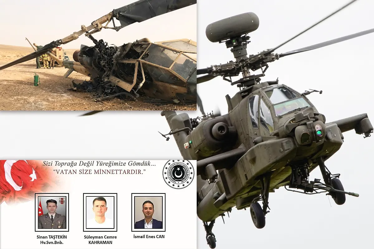 imágenes de un helicóptero militar volando y de otro estrellado junto a una imagen con los rostros de tres ciudadanos turcos fallecidos en un accidente