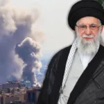 picture of Ayatollah Ali Khamenei, standing next to an Iranian flag, killed in US-Israeli bombing raids