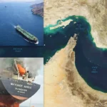 an image of the Strait of Hormuz alongside images of ships crossing the Strait and a cargo ship attacked by Iran