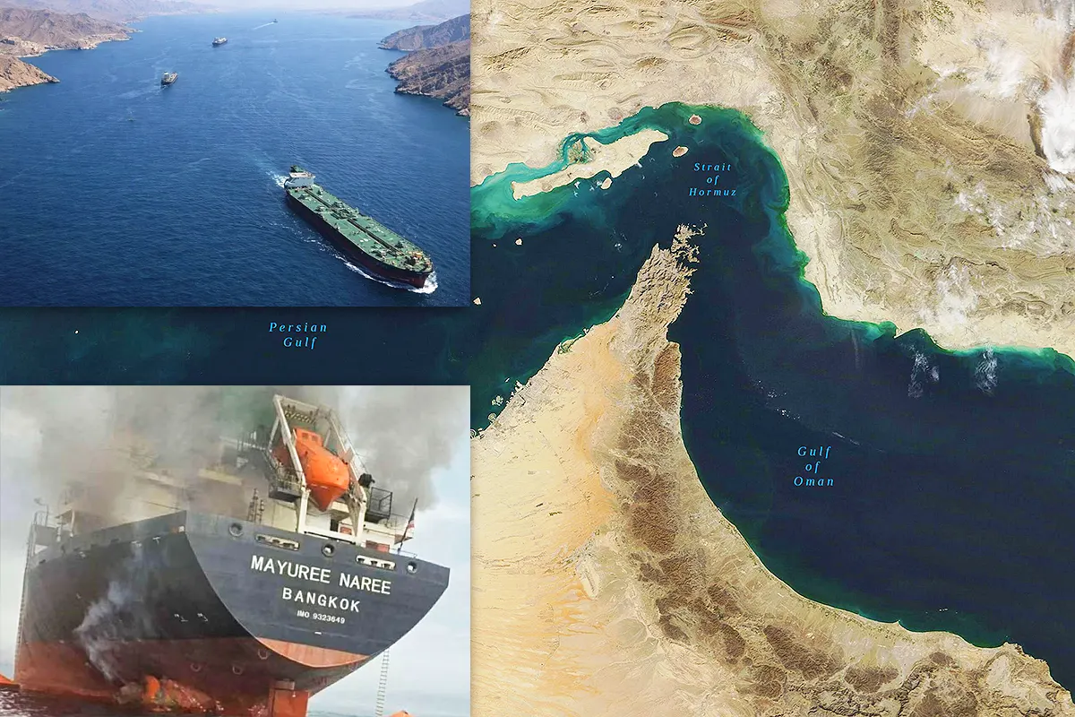 an image of the Strait of Hormuz alongside images of ships crossing the Strait and a cargo ship attacked by Iran