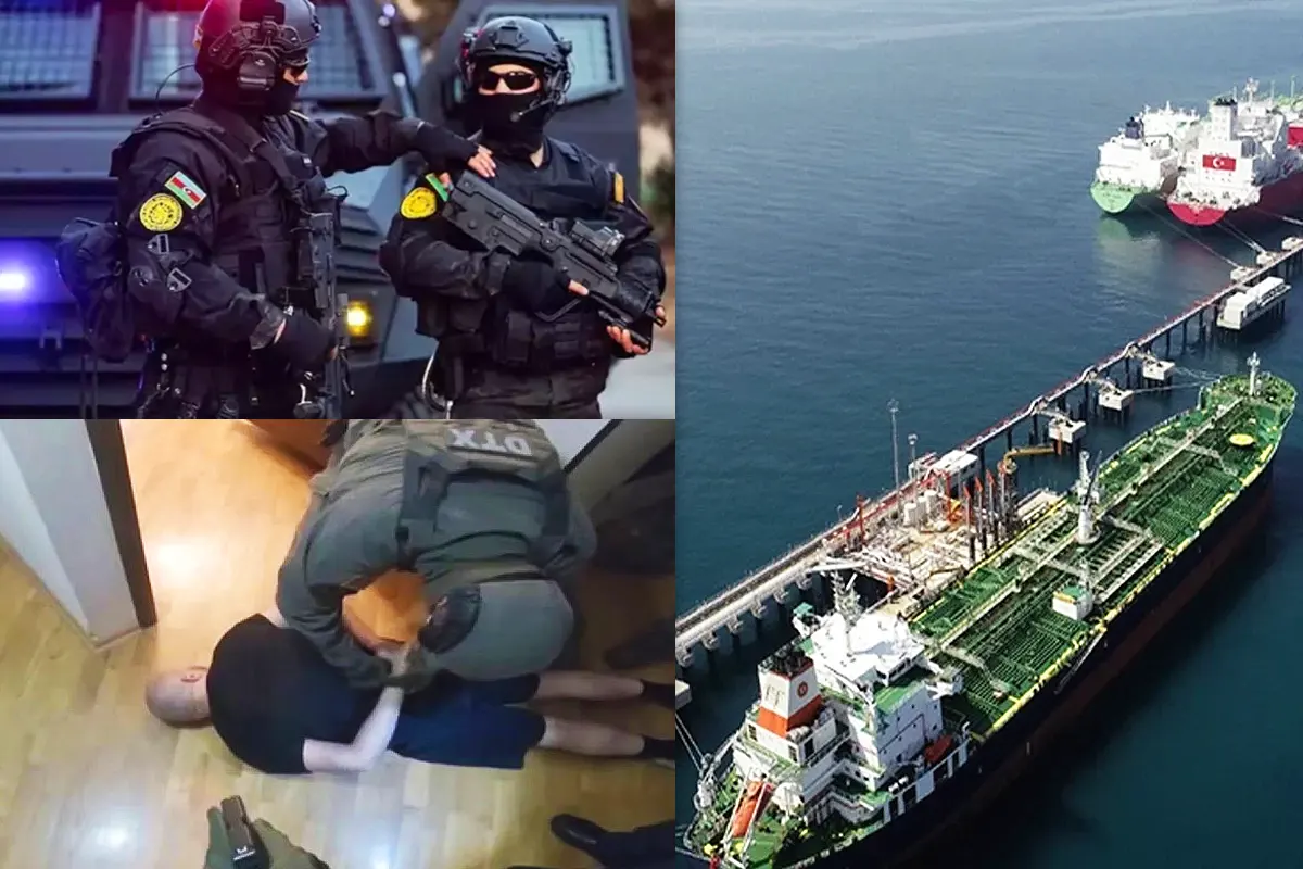 image of Azerbaijani security forces next to an image of the arrest of a suspect and next to an image of the Turkish port of Ceyhan.