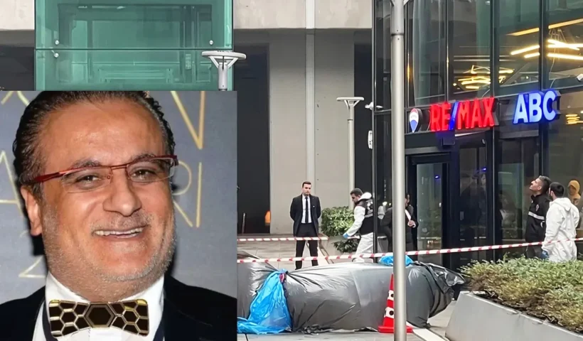 a lifeless body appears on the ground in front of a residential building with forensic teams inspecting the scene; in the foreground is the image of Turkish music producer Erol Köse