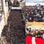 varia imágenes de la despedida y el funeral del historiador İlber Ortaylı, incluyendo imágenes de su féretro y de una multitud en la mezquita