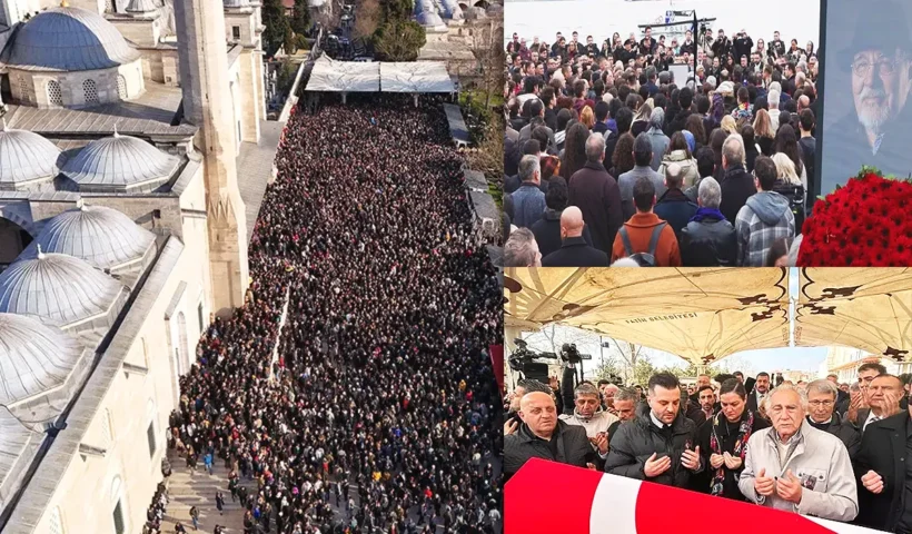 varia imágenes de la despedida y el funeral del historiador İlber Ortaylı, incluyendo imágenes de su féretro y de una multitud en la mezquita