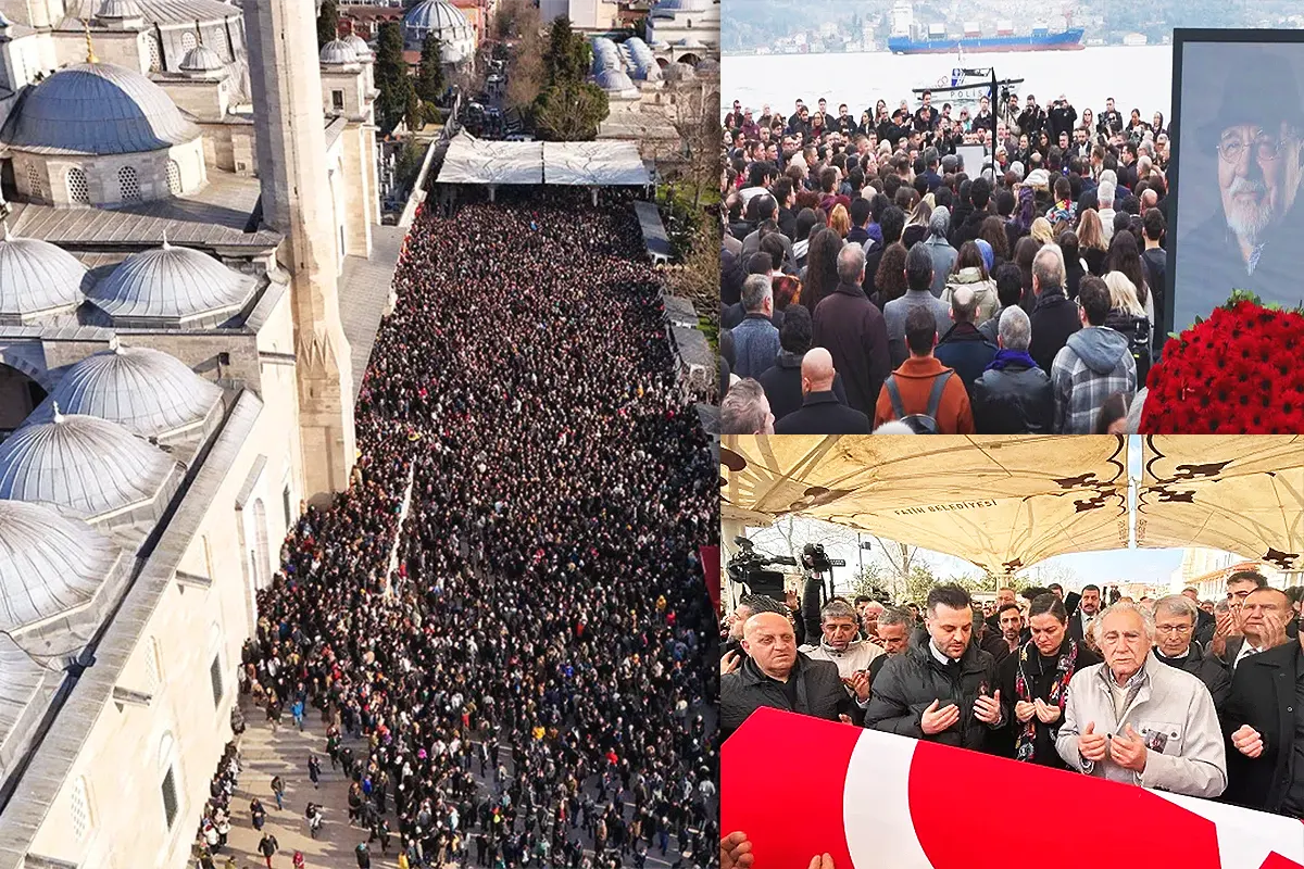 varia imágenes de la despedida y el funeral del historiador İlber Ortaylı, incluyendo imágenes de su féretro y de una multitud en la mezquita