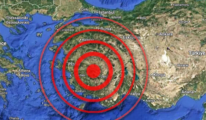 a map of Turkey and the Aegean region with seismic waves of an earthquake coming out of western Anatolia