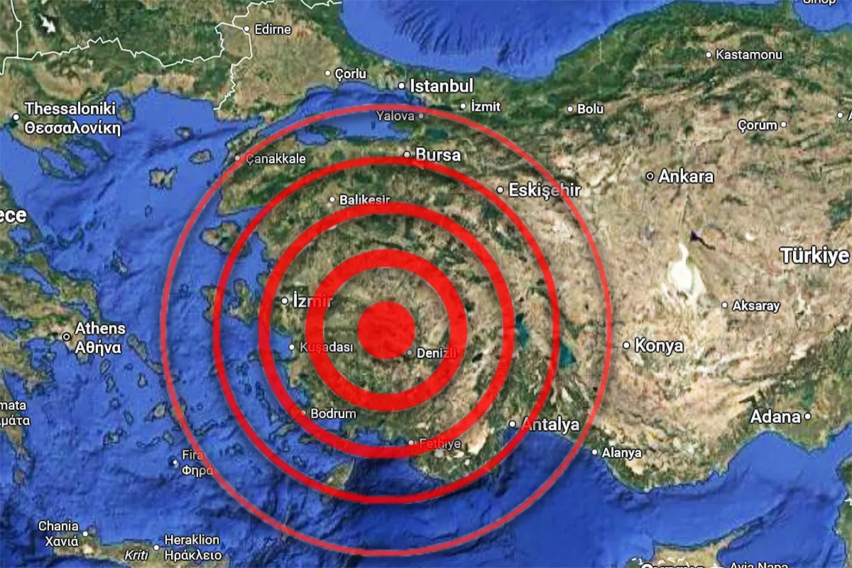 a map of Turkey and the Aegean region with seismic waves of an earthquake coming out of western Anatolia