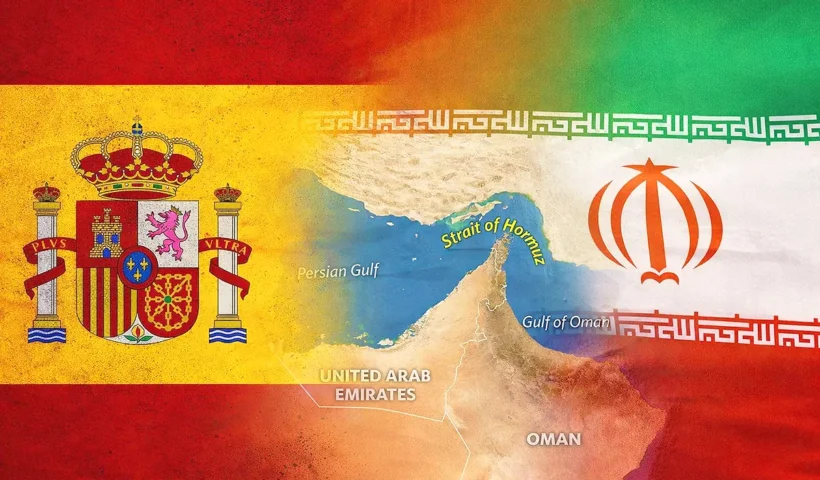 las banderas de España a la izquierda y de Irán a la derecha, y en medio la imagen del mapa del Estrecho de Ormuz