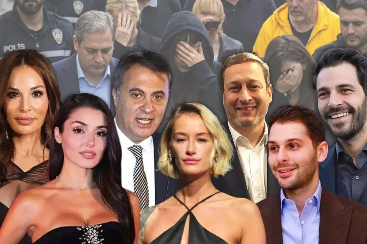 rostros de personajes famosos de Turquía sobre un fondo de varias personas detenidas por la policía y conducidas a dependencias policiales