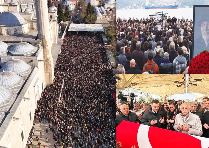 various images from the farewell and funeral of historian İlber Ortaylı, including images of his coffin and a crowd at the mosque