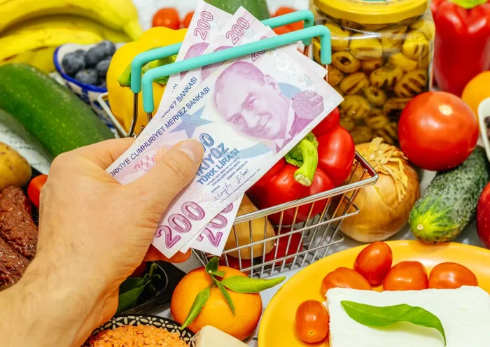 various fruits, vegetables and other foodstuffs in the background, and above them a hand showing a small shopping trolley and holding several Turkish lira banknotes