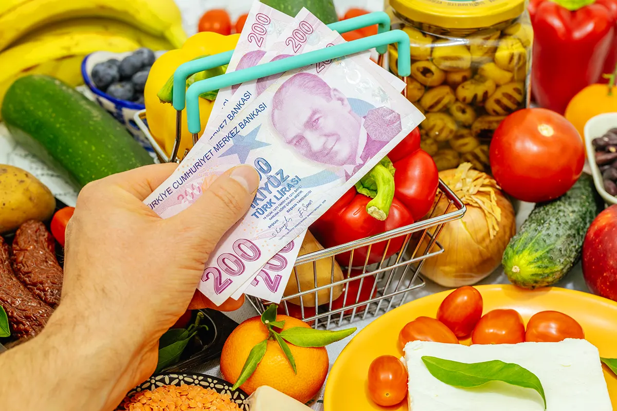 various fruits, vegetables and other foodstuffs in the background, and above them a hand showing a small shopping trolley and holding several Turkish lira banknotes