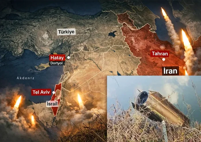 imagen de un proyectil caído sobre Turquía, superpuesta sobre un fondo en el que aparece un mapa de Oriente Medio incluyendo Israel, Turquía e Irán, y múltiples lanzamientos de misiles