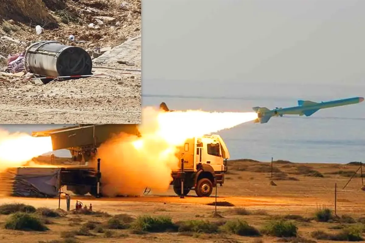 a missile being launched from a transport vehicle, next to an image of the wreckage of an Iranian missile intercepted over Turkey