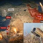 image of a downed projectile over Turkey, superimposed on a background showing a map of the Middle East including Israel, Turkey and Iran, and multiple missile launches