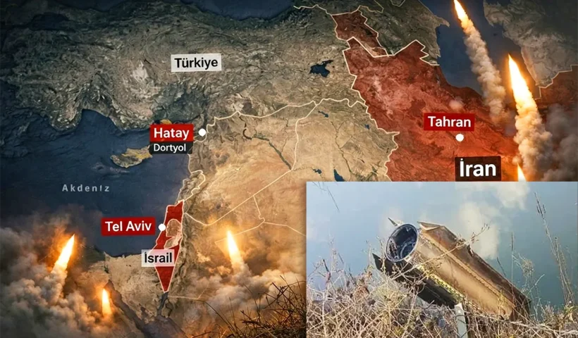 image of a downed projectile over Turkey, superimposed on a background showing a map of the Middle East including Israel, Turkey and Iran, and multiple missile launches