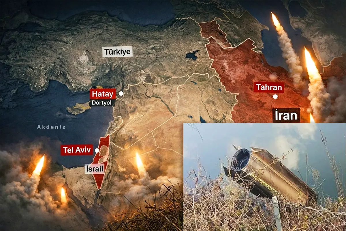 image of a downed projectile over Turkey, superimposed on a background showing a map of the Middle East including Israel, Turkey and Iran, and multiple missile launches