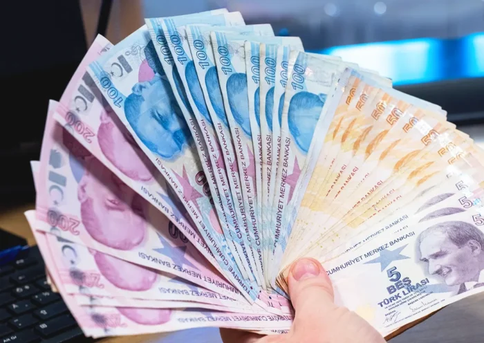 a hand holds a wad of Turkish lira banknotes in a fanned out position