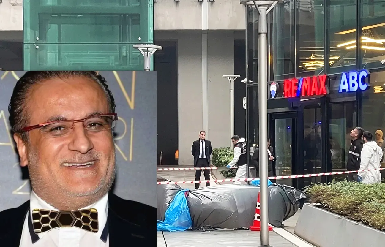 un cuerpo sin vida aparece en el suelo frente a un edificio residencial con equipos forenses inspeccionando el lugar; en primer plano se muestra la imagen del productor musical turco Erol Köse